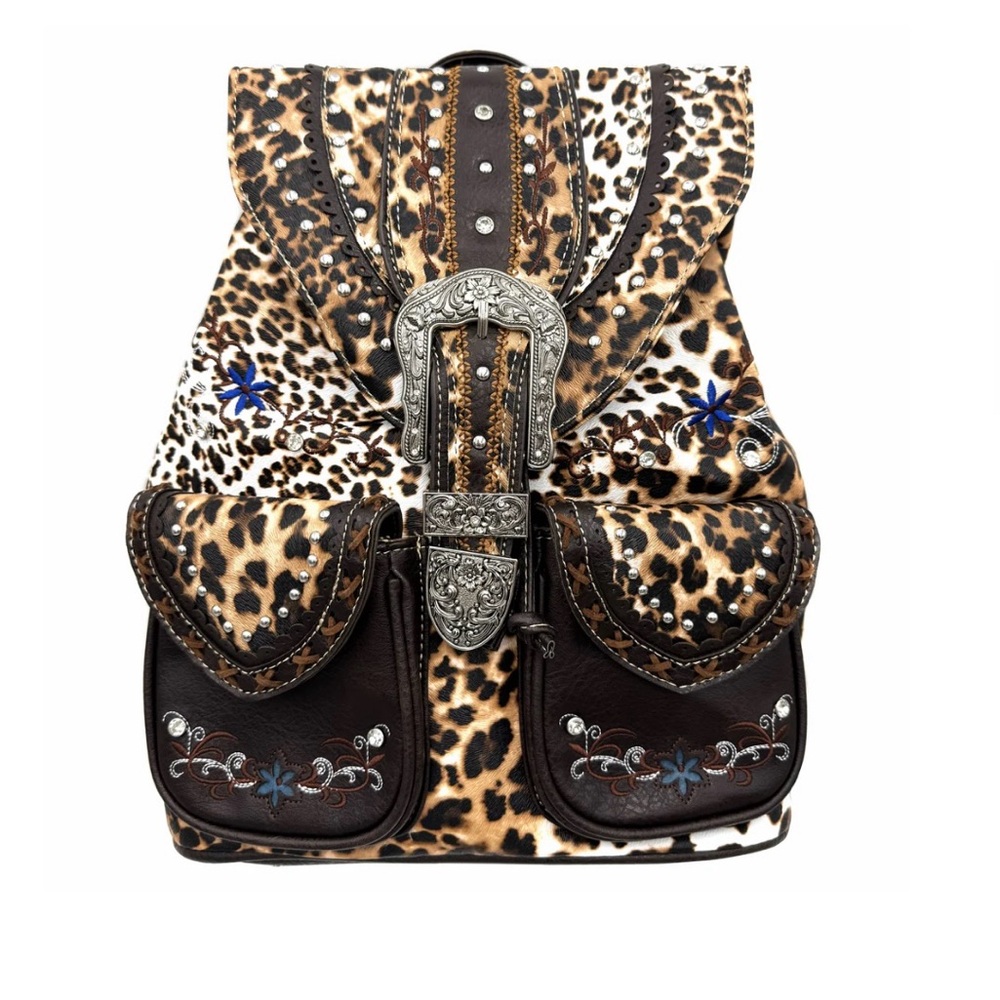 Leopard Print Western Leather Buckle Backpack